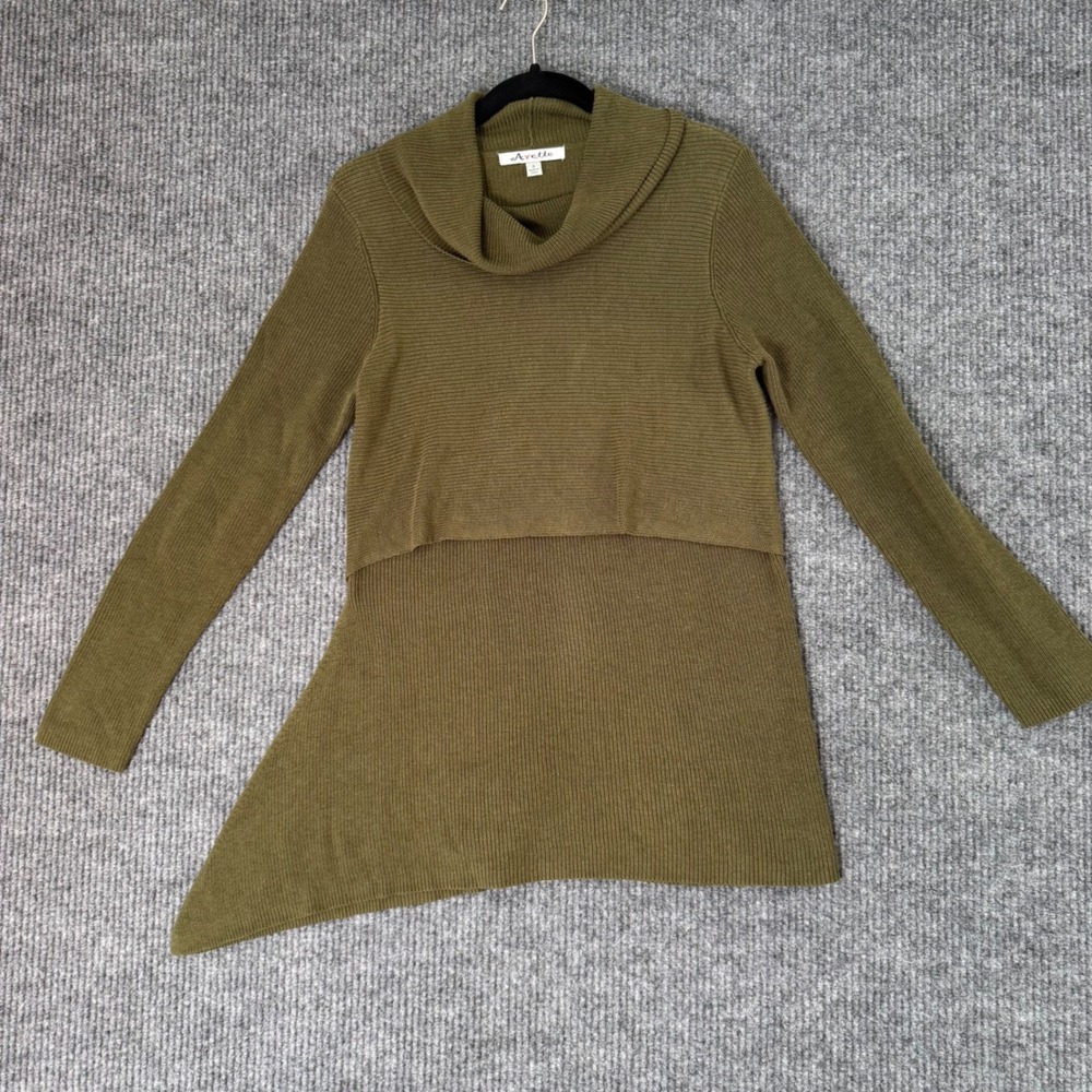 Womens S Olive Green Tunic Sweater Dress Asymmetrical Hem Y2K‎ Minimalist Cozy